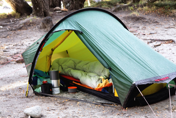 Hilleberg Akto tent.  Absolutely awesome.  The generous vestibule was great for fixing breakfast in bed.